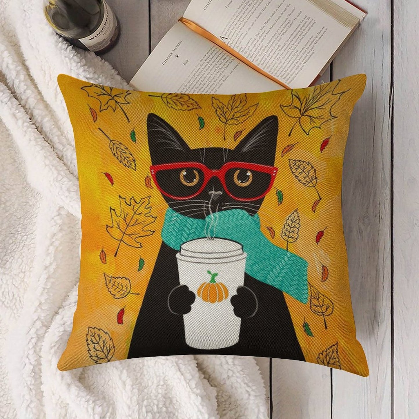 Autumn Pumpkin Coffee Cat Linen Throw Pillow Cover