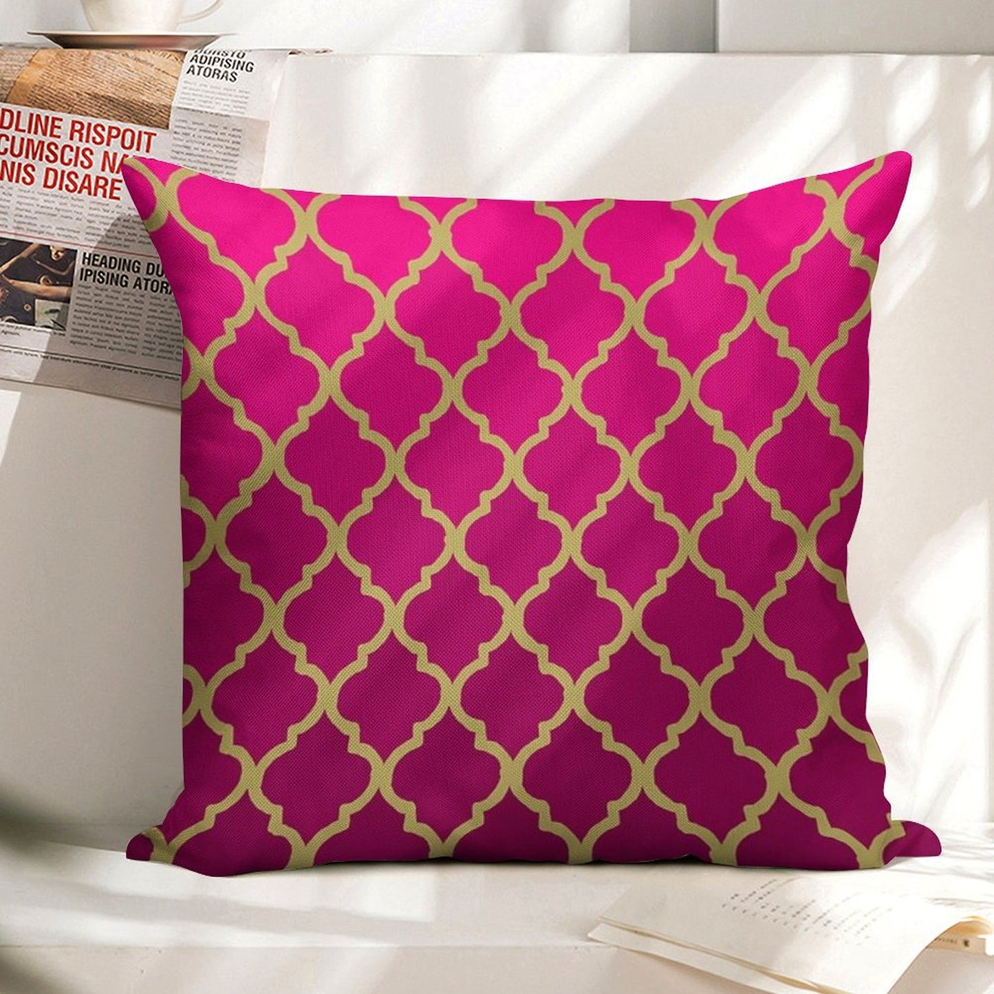 Moroccan Pattern - Pink & Gold Linen Throw Pillow Cover