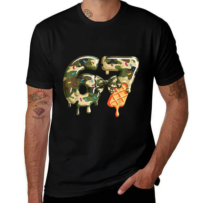 Funny 67 Ice Cream Drip Meme Six Seven Camouflage Camo  Ribbed Collar T-Shirt