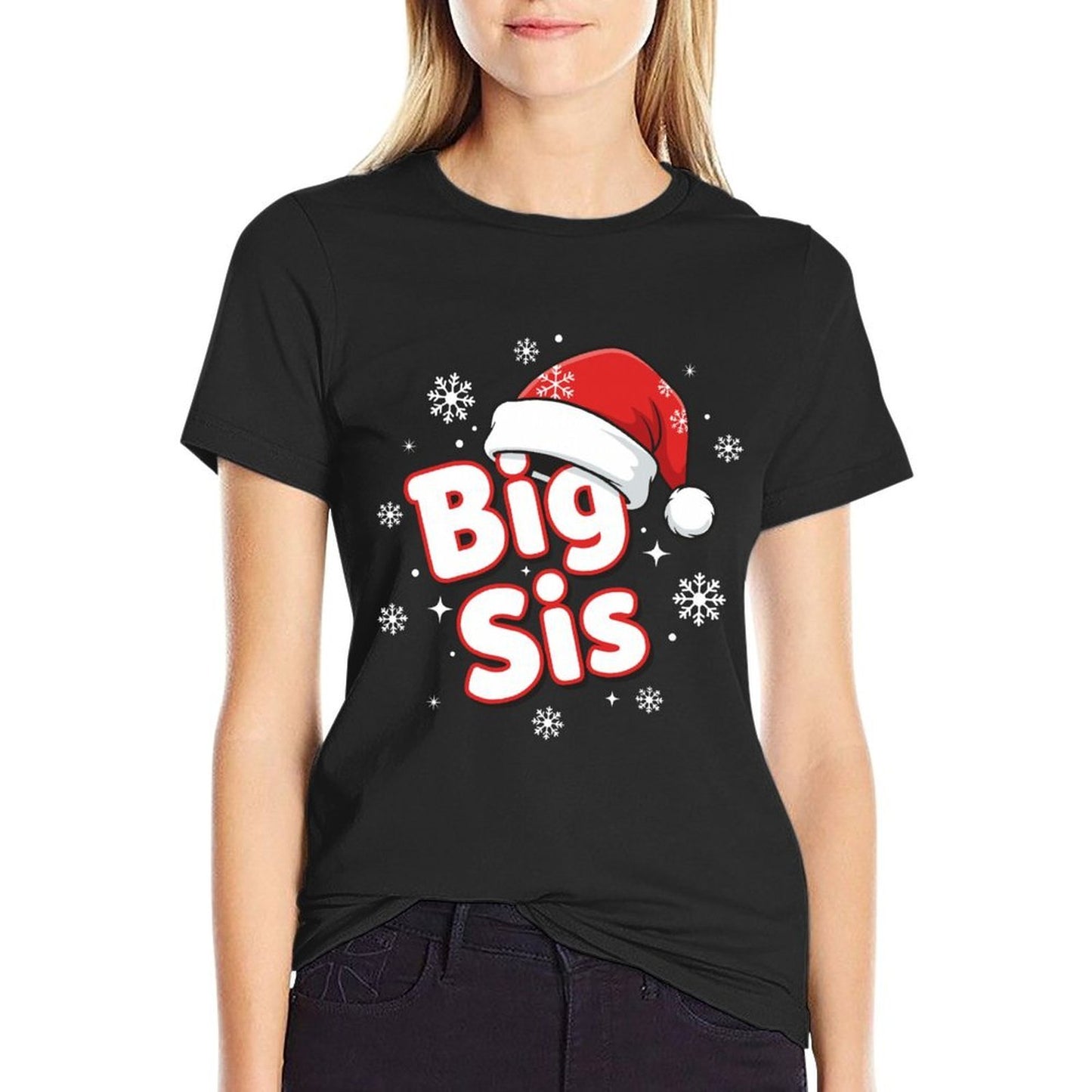 Big Sis Santa Hat Christmas Sister Matching Family Holiday  Summer-ready Fabric T-Shirt