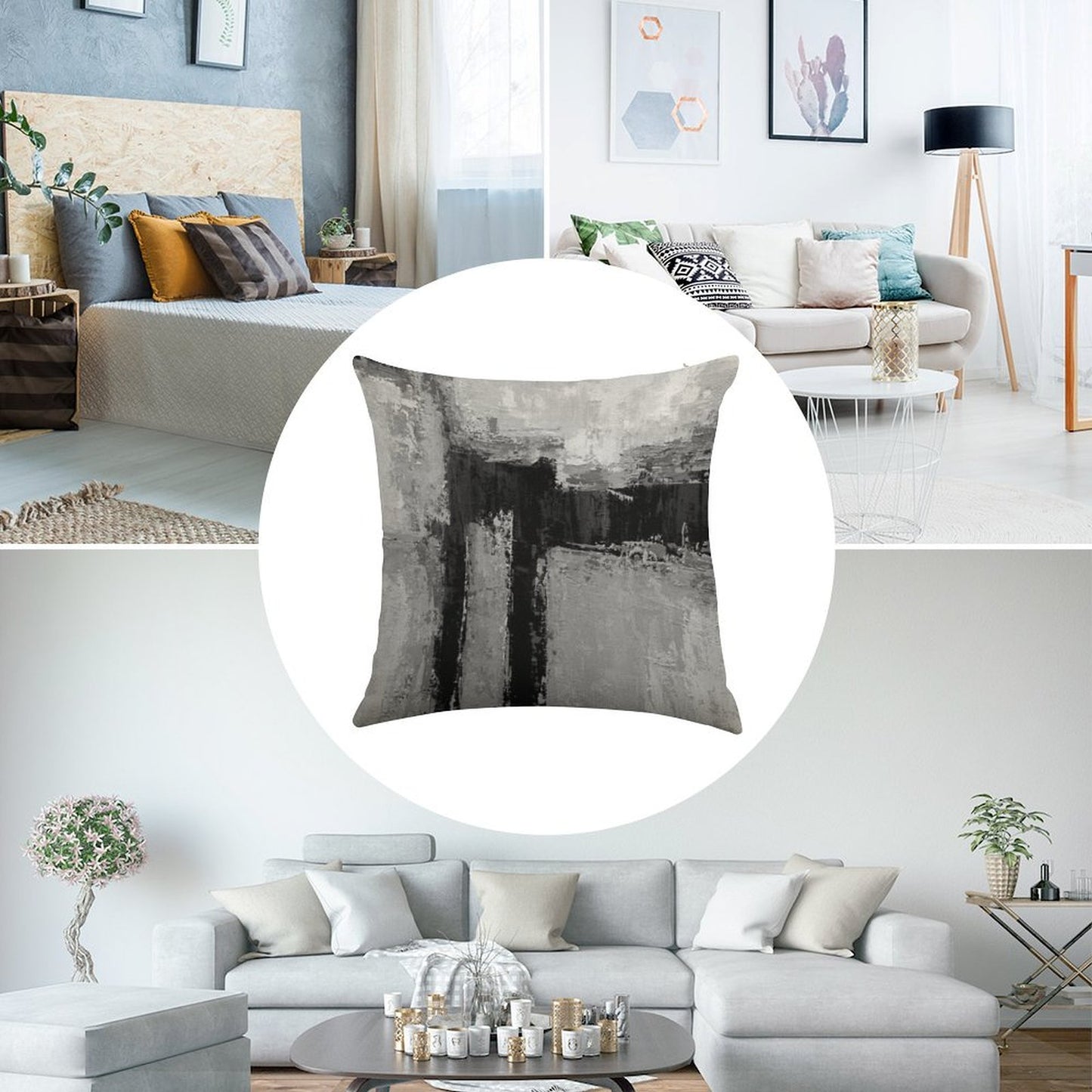 Gray Black Abstract Linen Throw Pillow Cover