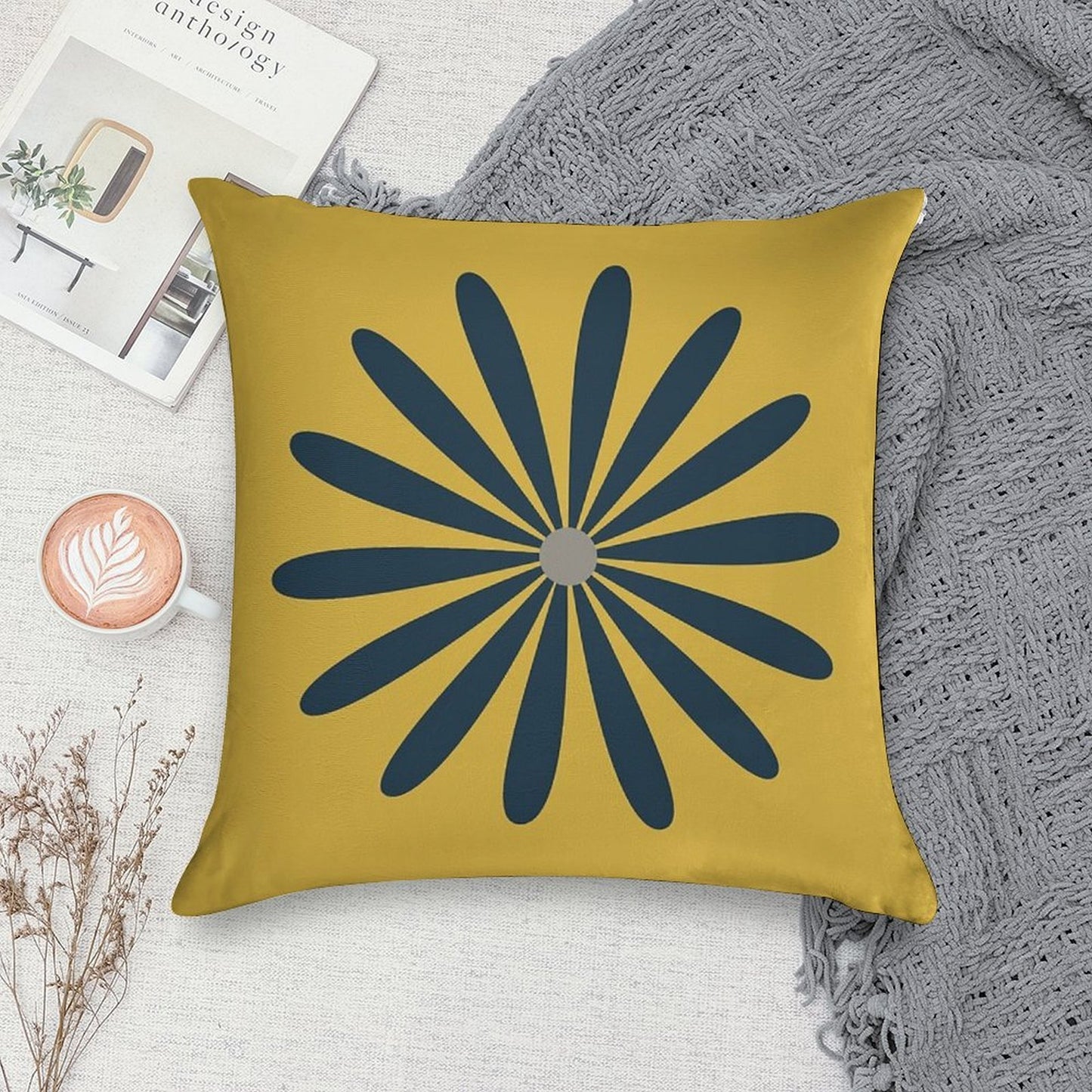 Big Daisy in Navy Blue And Grey on Light Mustard Yellow. Minimalist Mid Century Modern Geometric Retro Floral Soft Multiple Sizes Throw Pillow
