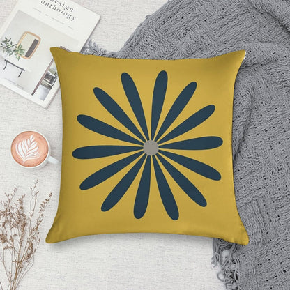 Big Daisy in Navy Blue And Grey on Light Mustard Yellow. Minimalist Mid Century Modern Geometric Retro Floral Soft Multiple Sizes Throw Pillow