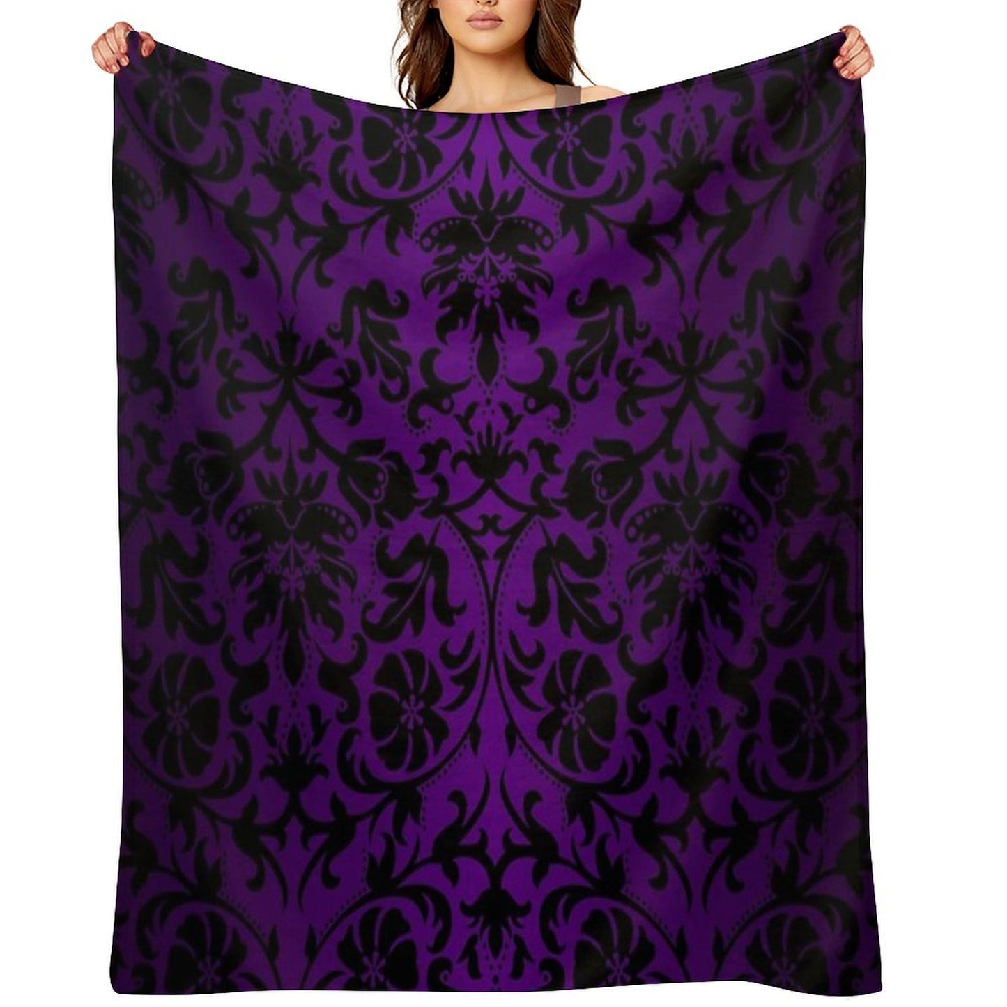 Purple And Black Damask Pattern Design Throw Blanket