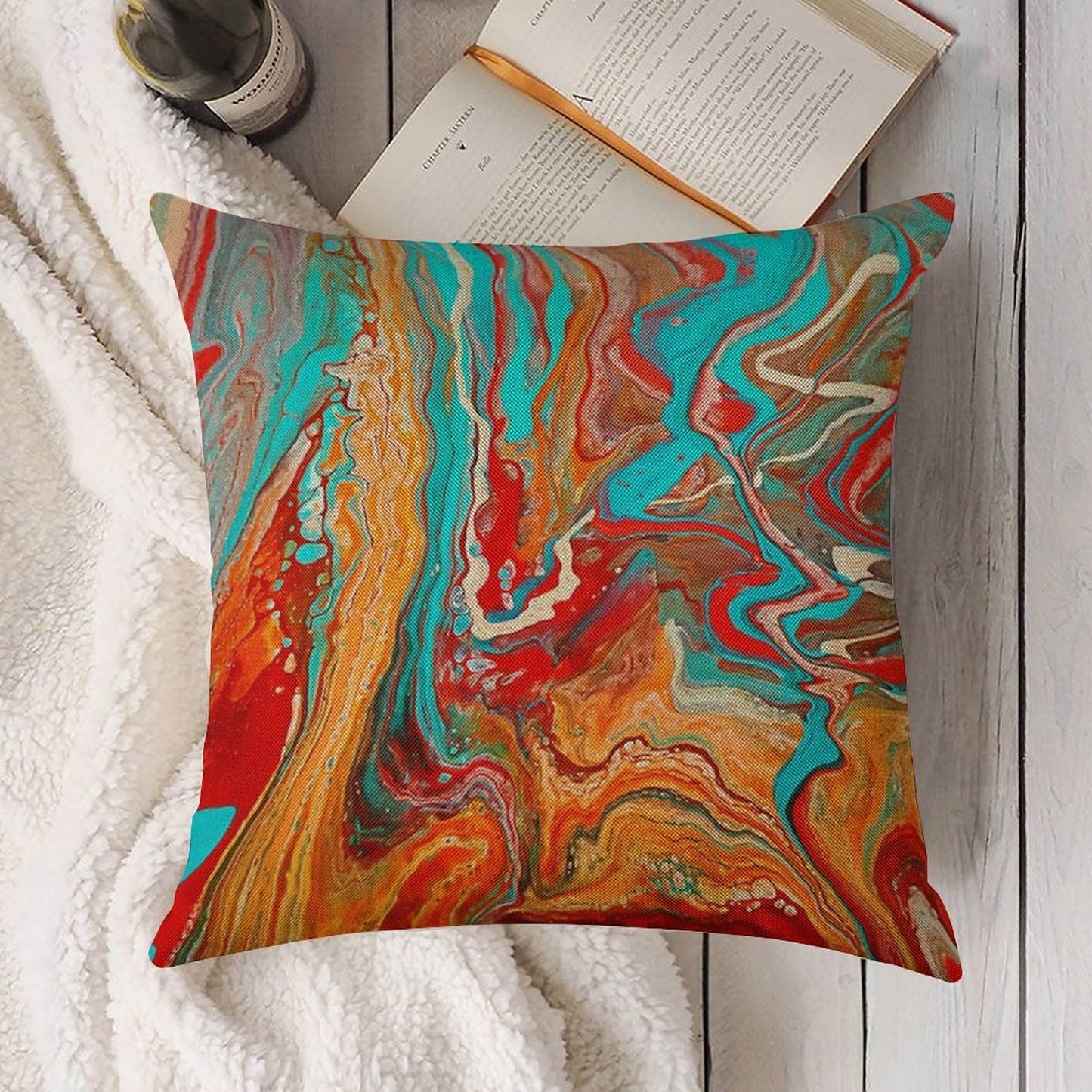 Red Orange Teal Paint Pour Linen Throw Pillow Cover