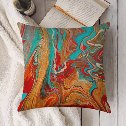 Red Orange Teal Paint Pour Linen Throw Pillow Cover