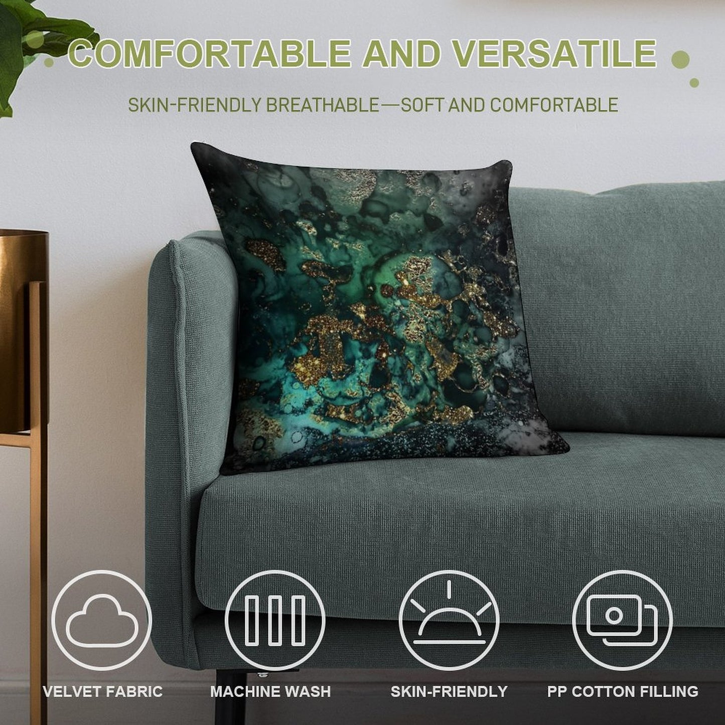 Gold Indigo Faux Malachite Marble Soft Decorative Cover Throw Pillow