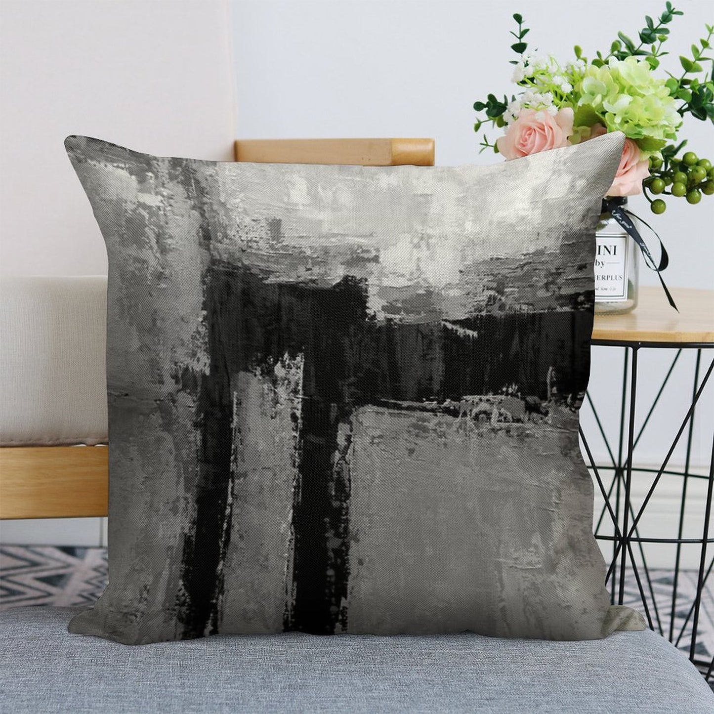 Gray Black Abstract Linen Throw Pillow Cover