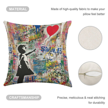 Balloon Girl Street Art Mashup Linen Throw Pillow Cover