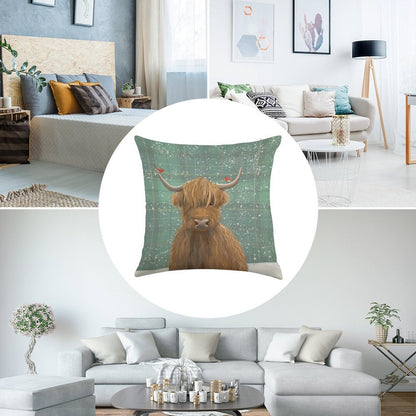 Scottish Highland Cow Winter Robins Tartan Linen Throw Pillow Cover