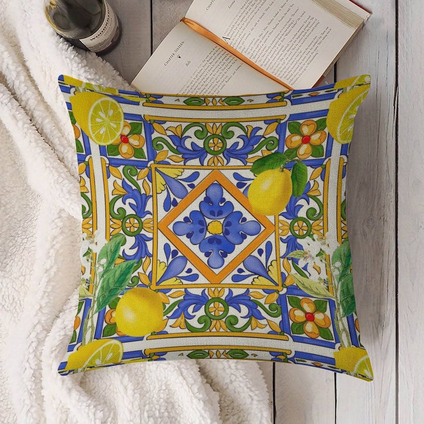 Summer ,Sicilian Tiles ,citrus,oranges,majolica,lemons ,Mediterranean Linen Throw Pillow Cover