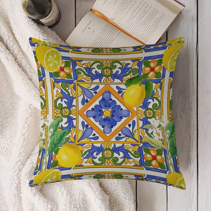 Summer ,Sicilian Tiles ,citrus,oranges,majolica,lemons ,Mediterranean Linen Throw Pillow Cover