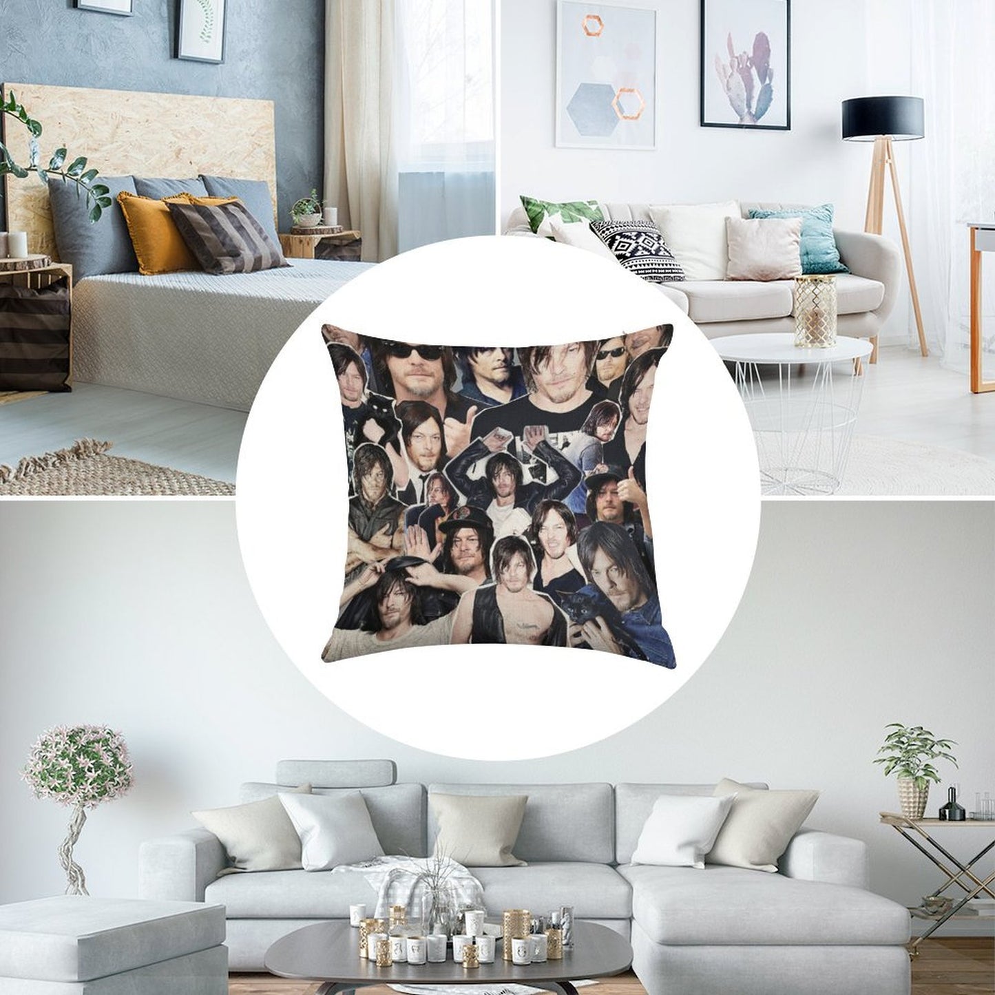 Norman Reedus Collage Linen Throw Pillow Cover