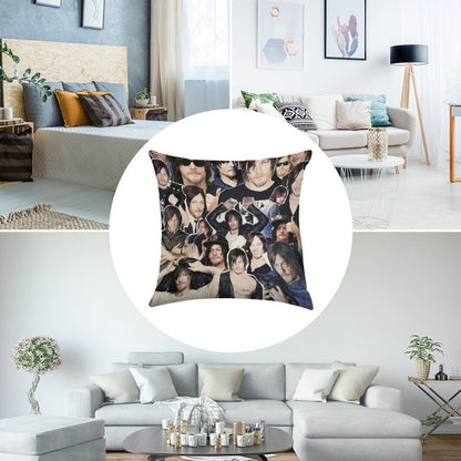Norman Reedus Collage Linen Throw Pillow Cover