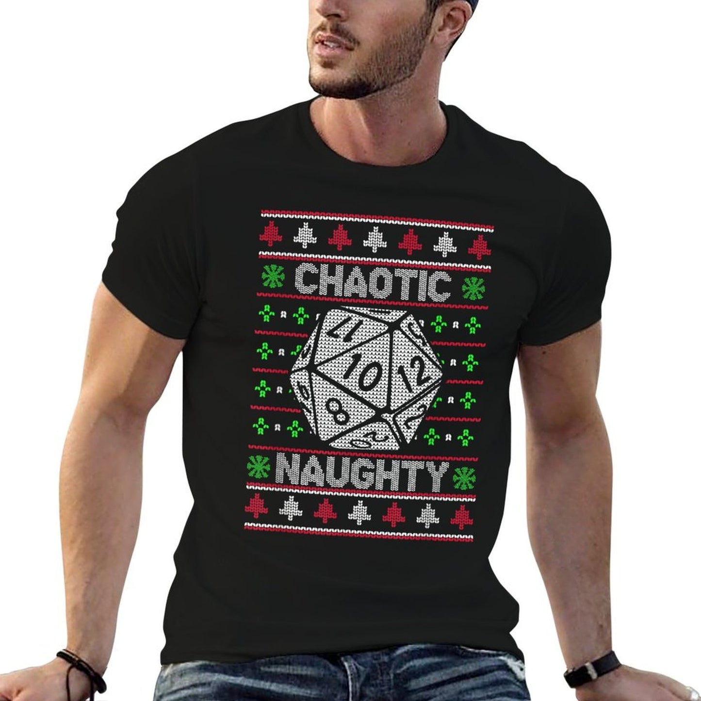Santa Chaotic Naughty Christmas D20 Ugly Tabletop Sweater  Polyester Blend T-Shirt