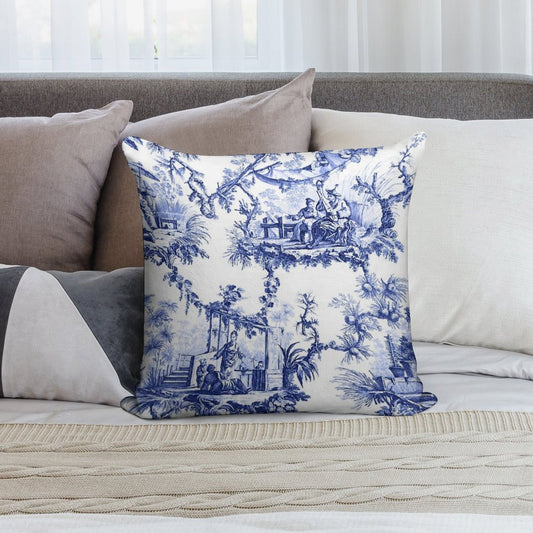 Blue Chinoiserie Toile Soft Hidden Zipper Throw Pillow