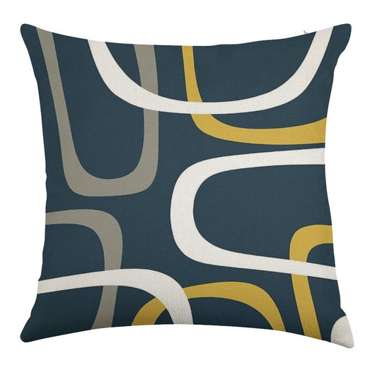 Midcentury Modern Loops Retro Pattern in Light Mustard, Grey, White, And Navy Blue Linen Throw Pillow Cover