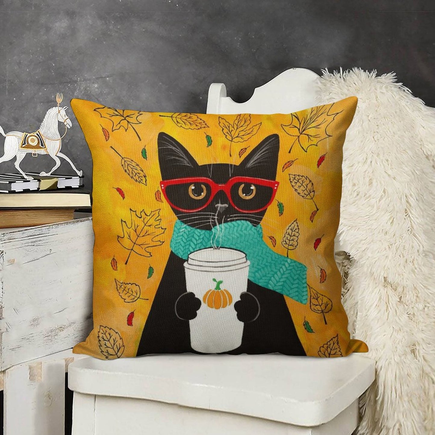 Autumn Pumpkin Coffee Cat Linen Throw Pillow Cover
