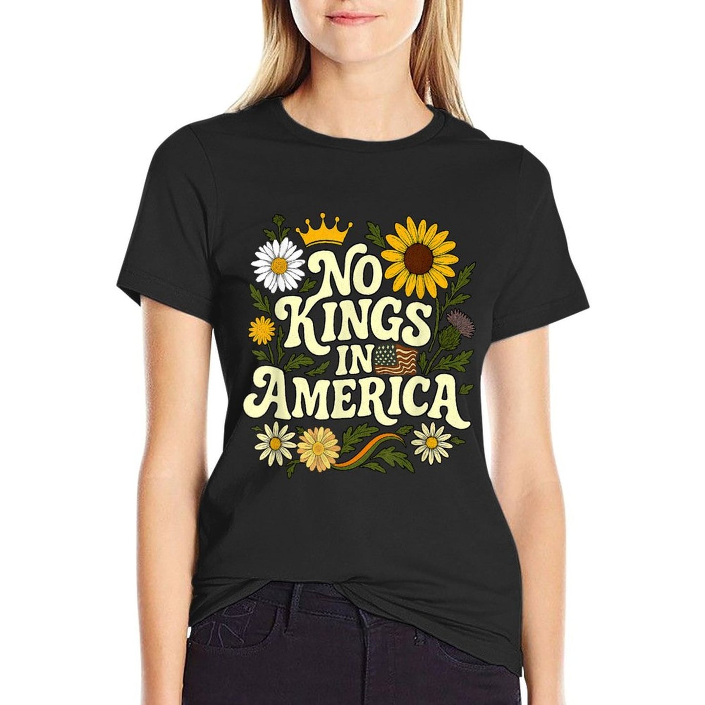 No King In American Retro Floral 70s Democracy Women  Versatile T-Shirt