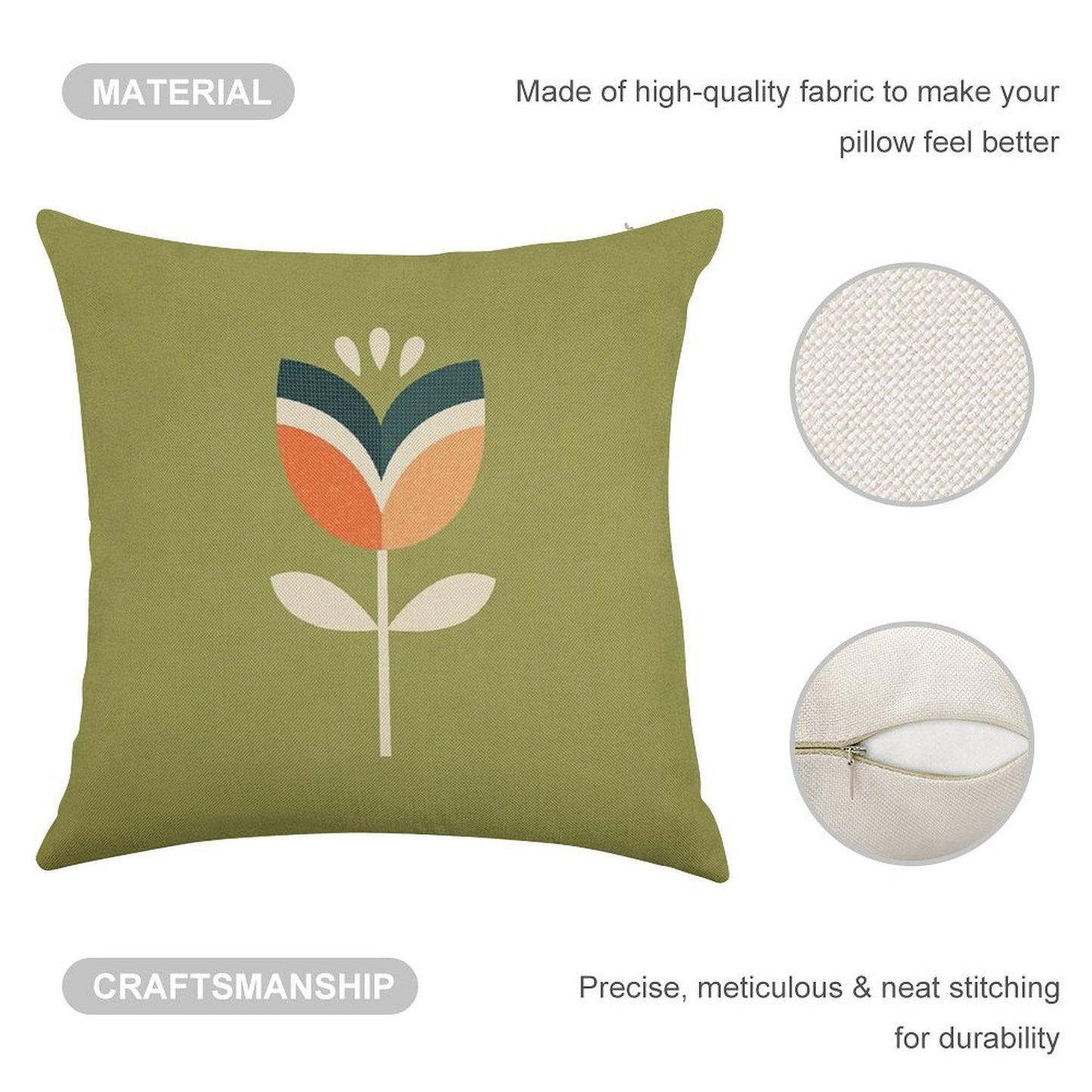 Retro Tulip - Orange And Olive Green Linen Throw Pillow Cover