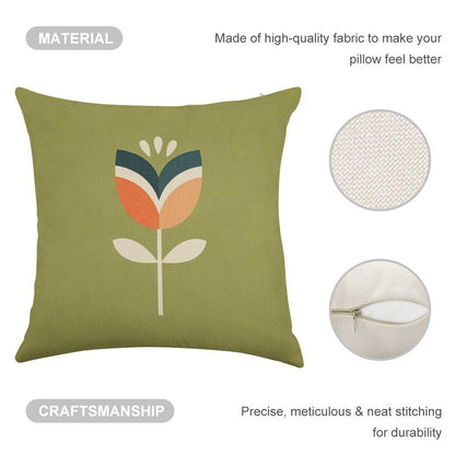 Retro Tulip - Orange And Olive Green Linen Throw Pillow Cover