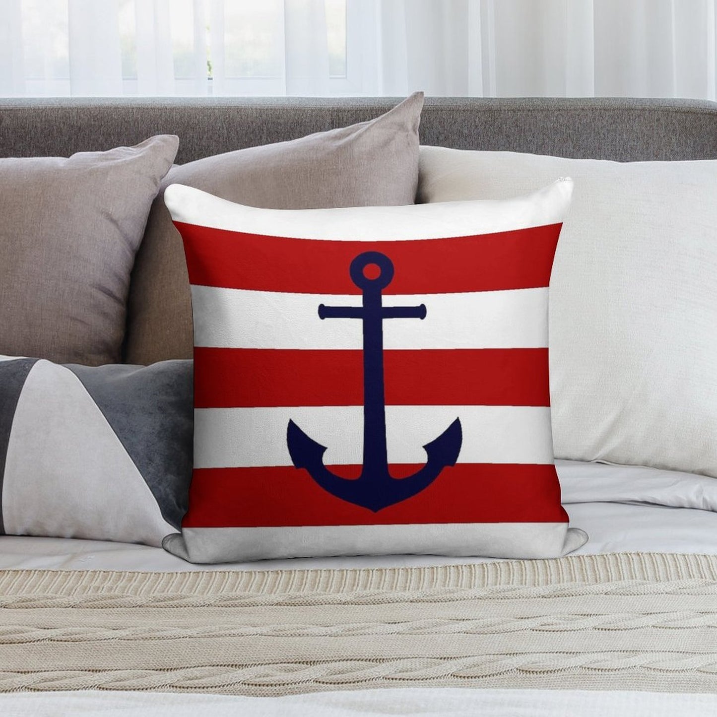Nautical Navy Blue Anchor On Red Stripes Soft Decorative Cover Throw Pillow