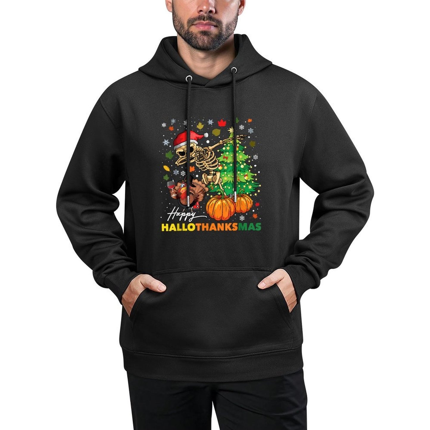 Happy Hallothanksmas Halloween Thanksgiving Christmas Breathable Fabric Hoodie