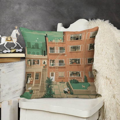Travel Posters - Hitchcock's Rear Window - Greenwitch Village New York Linen Throw Pillow Cover