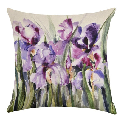 Purple Iris Art Watercolor Linen Throw Pillow Cover