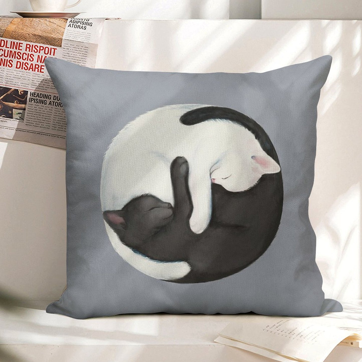 Yin Yang Balancing Cats Linen Throw Pillow Cover