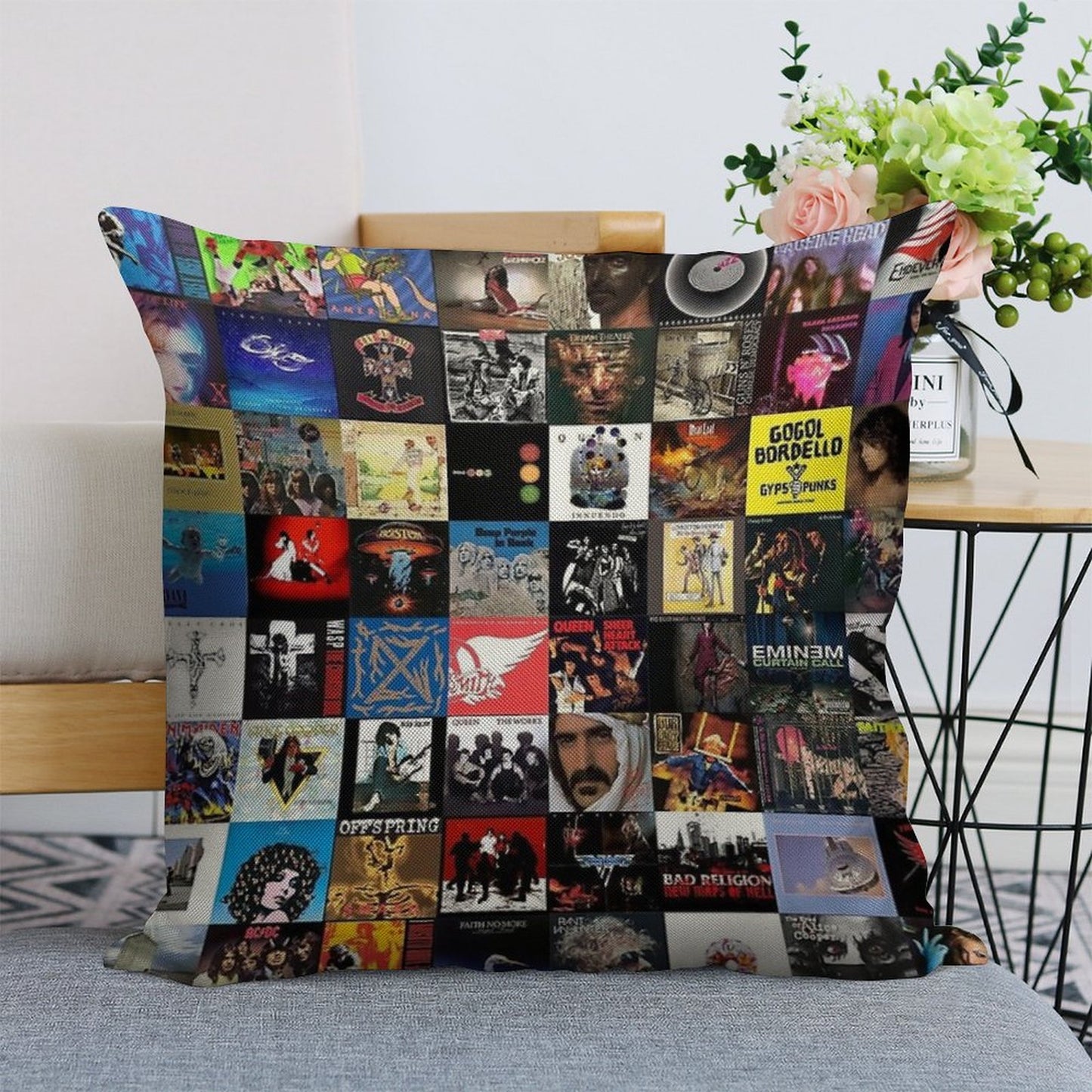 Retro Album Cover Collage Linen Throw Pillow Cover