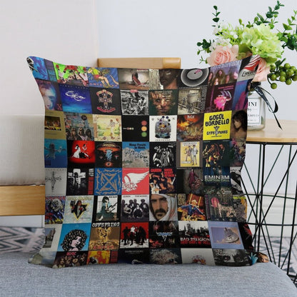 Retro Album Cover Collage Linen Throw Pillow Cover