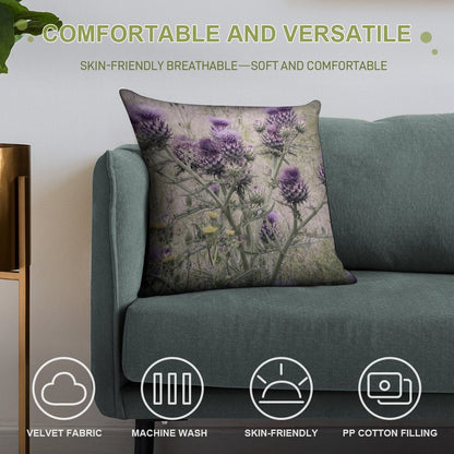 Purple Thistle Flowers with Yellow Daisies. Soft Reinforced Edging Throw Pillow
