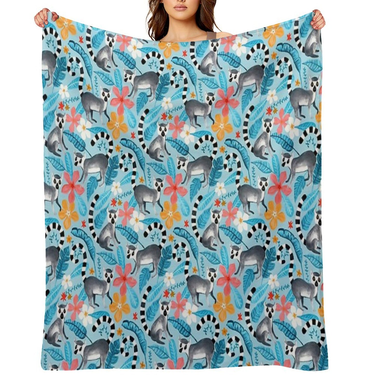 Gouache Lemur Land on Blue Throw Blanket