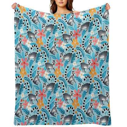Gouache Lemur Land on Blue Throw Blanket