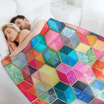 Crystal Bohemian Honeycomb Cubes - Colorful Hexagon Pattern Throw Blanket