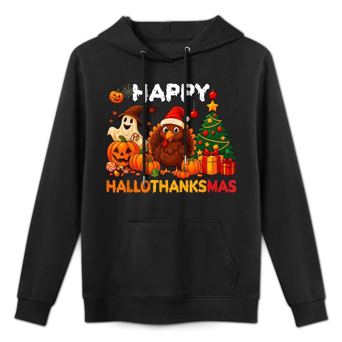 Happy Hallothanksmas Halloween Thanksmas Holiday Season Adjustable Hood Hoodie