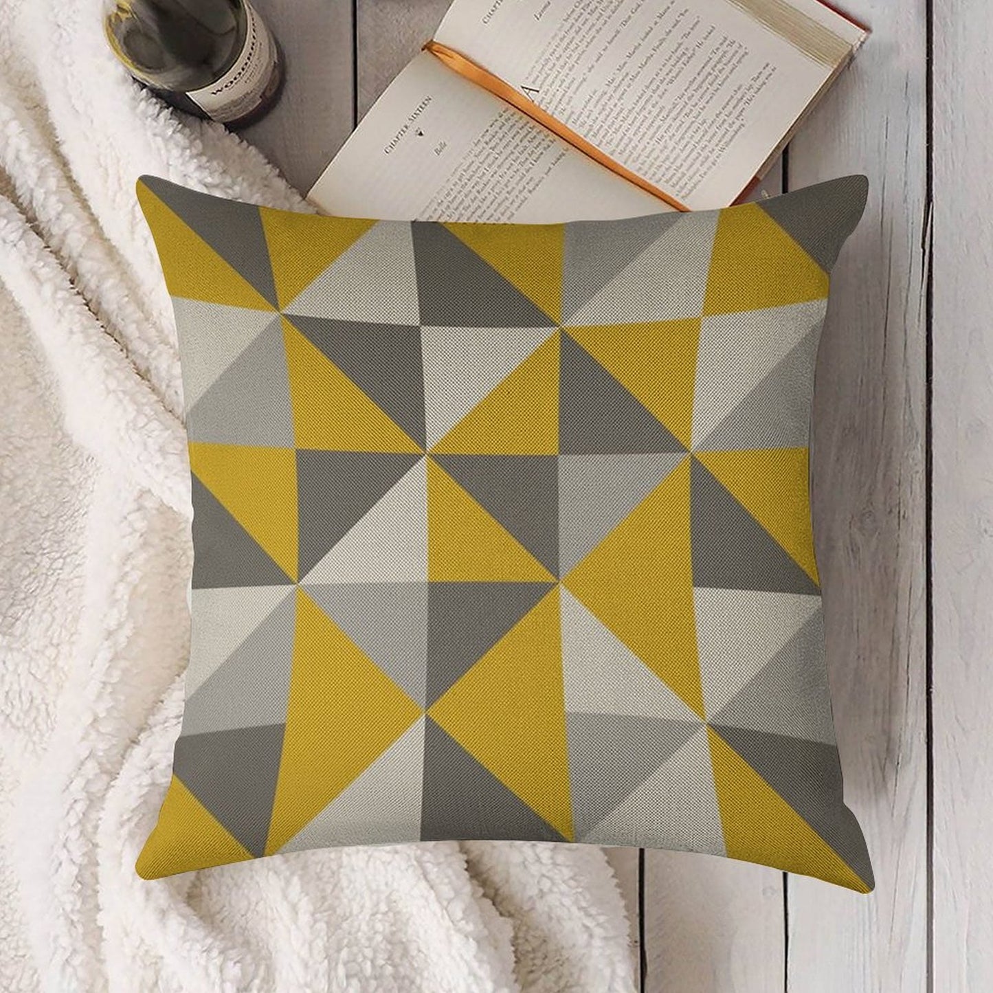 Retro Triangle Design in Yellow And Grey Linen Throw Pillow Cover