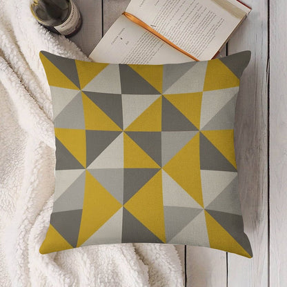 Retro Triangle Design in Yellow And Grey Linen Throw Pillow Cover