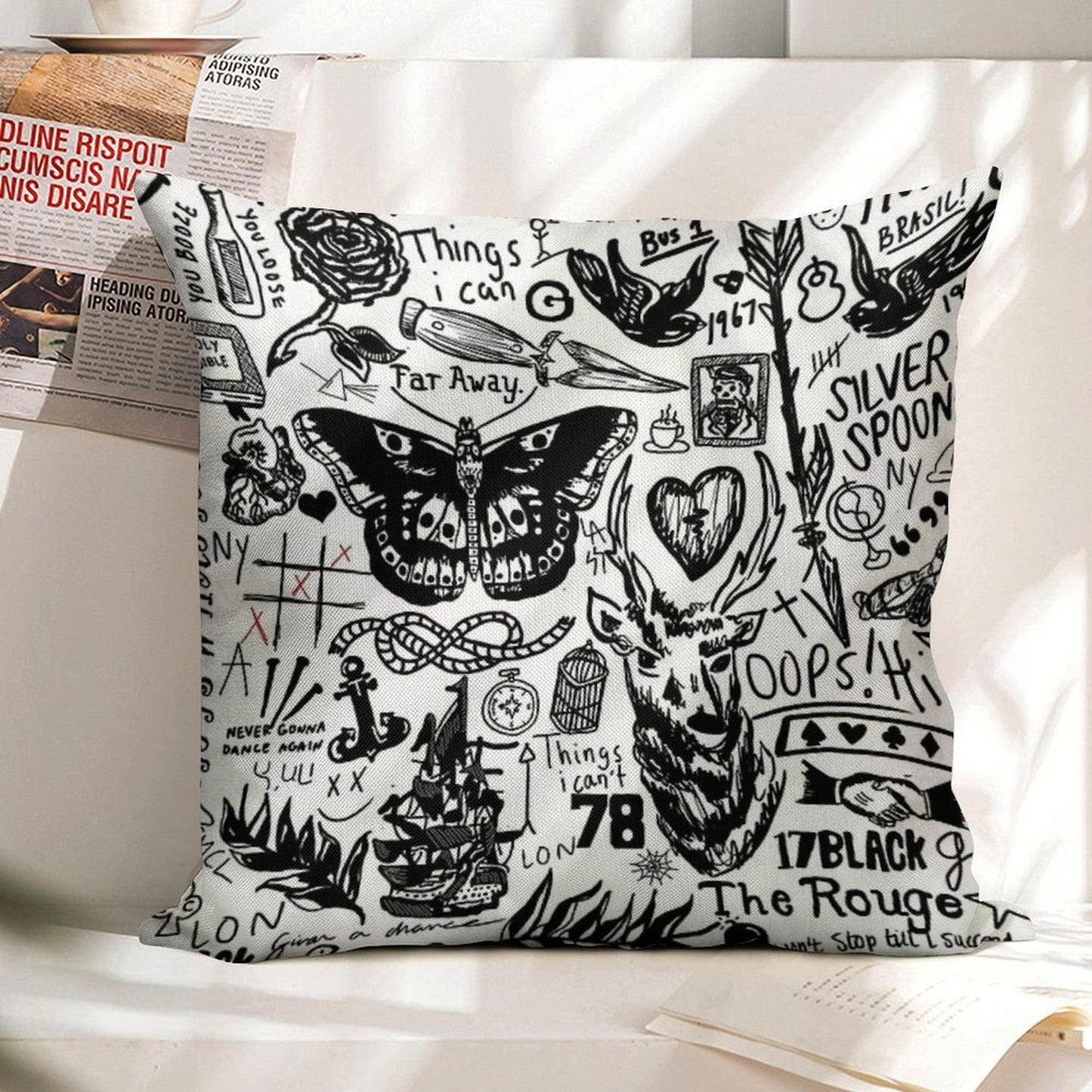 Tattoos Collage Linen Throw Pillow Cover