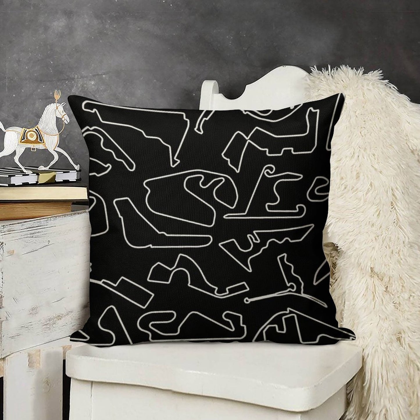 Formula One Circuits Outline - Black Linen Throw Pillow Cover