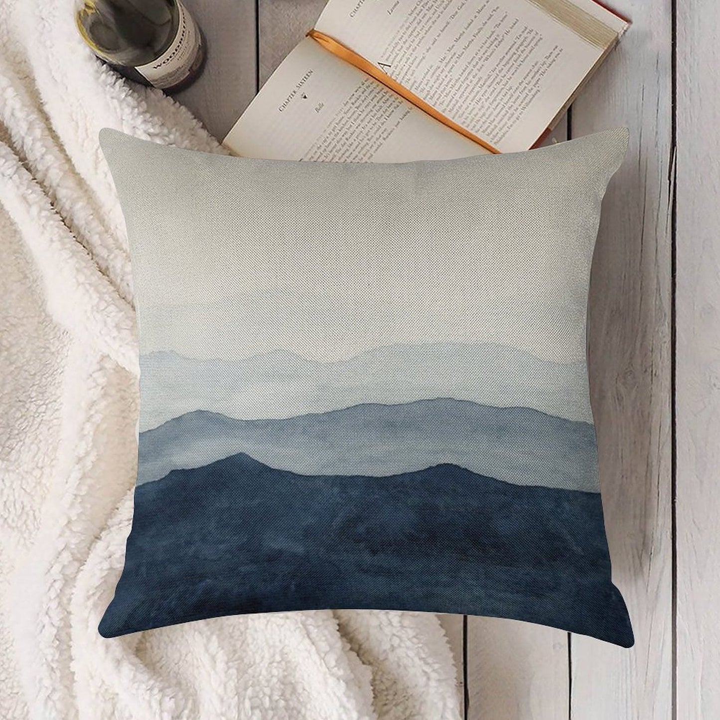 Mountains Ombre  Indigo Abstract Watercolor Linen Throw Pillow Cover