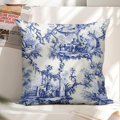 Blue Chinoiserie Toile Linen Throw Pillow Cover