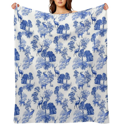 Elegant Vintage Blue Toile Deer in Woodland Throw Blanket