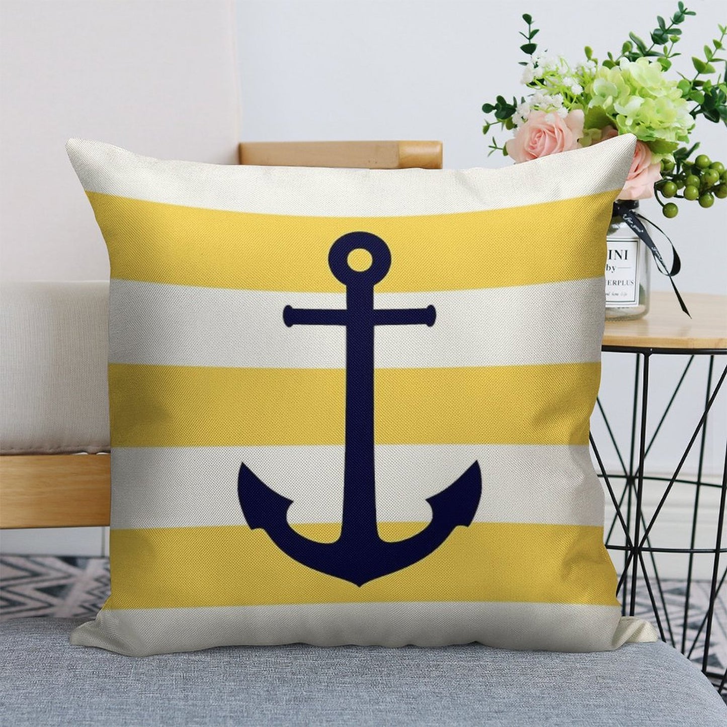 Nautical Navy Blue Anchor On Mustard Yellow Stripes Linen Throw Pillow Cover