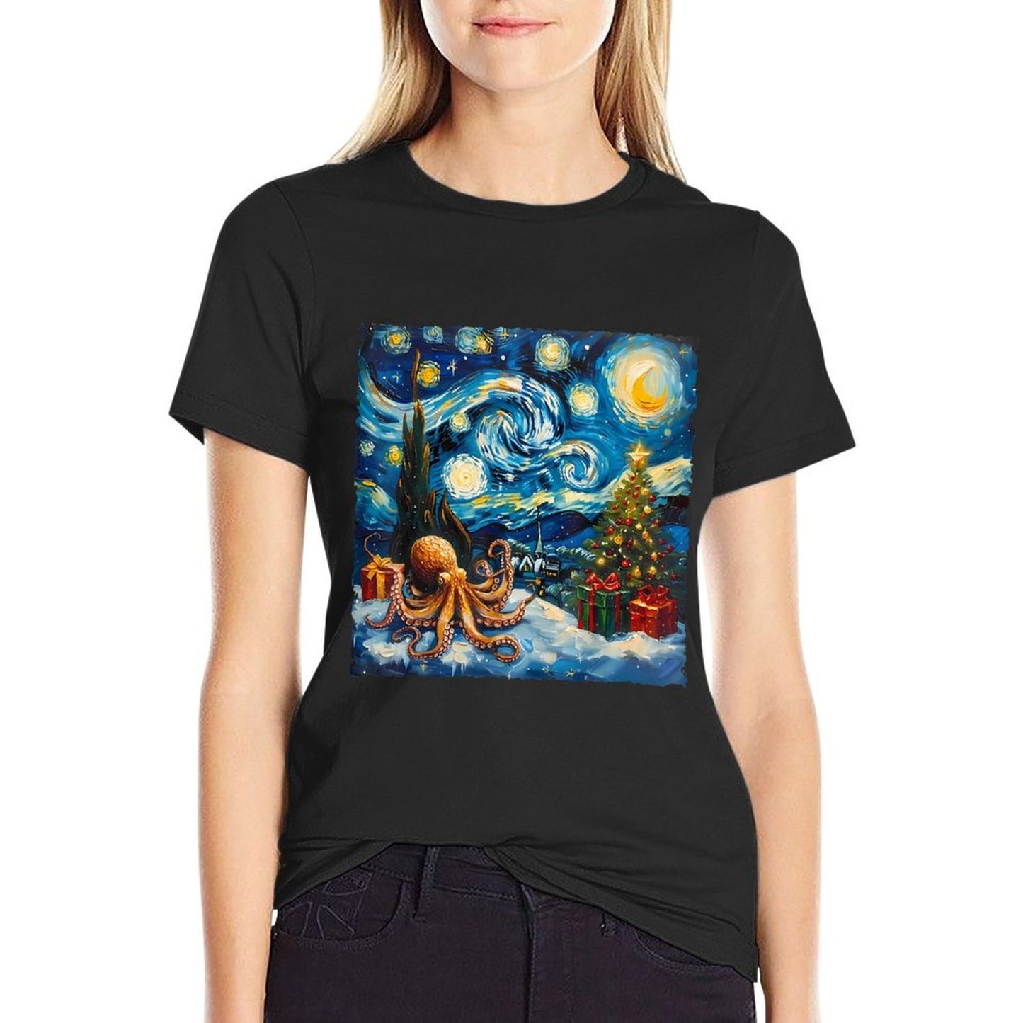 Christmas Octopus Starry Night Style Winter Artwork Holiday  Tagless Design T-Shirt