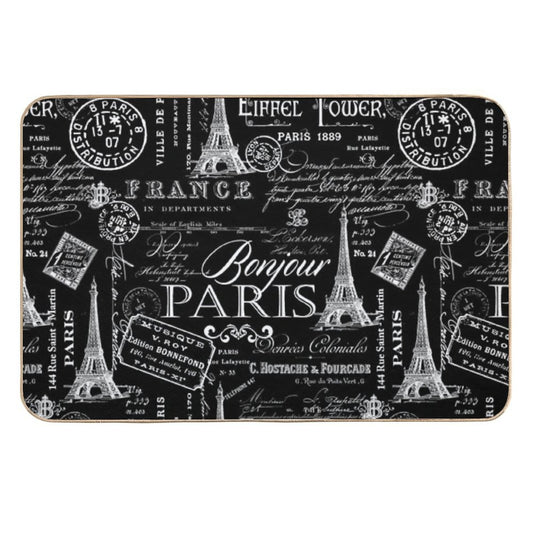 Vintage Paris French Lifestyle With Eiffel Tower Black And White Allover Pattern  Rapid-Drying Bath Mat