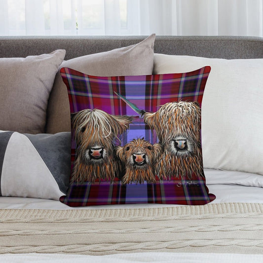 SCoTTiSH HiGHLaND CoW ' TaRTaN We 3 CooS P ' BY SHiRLeY MacARTHuR Soft Hidden Zipper Throw Pillow