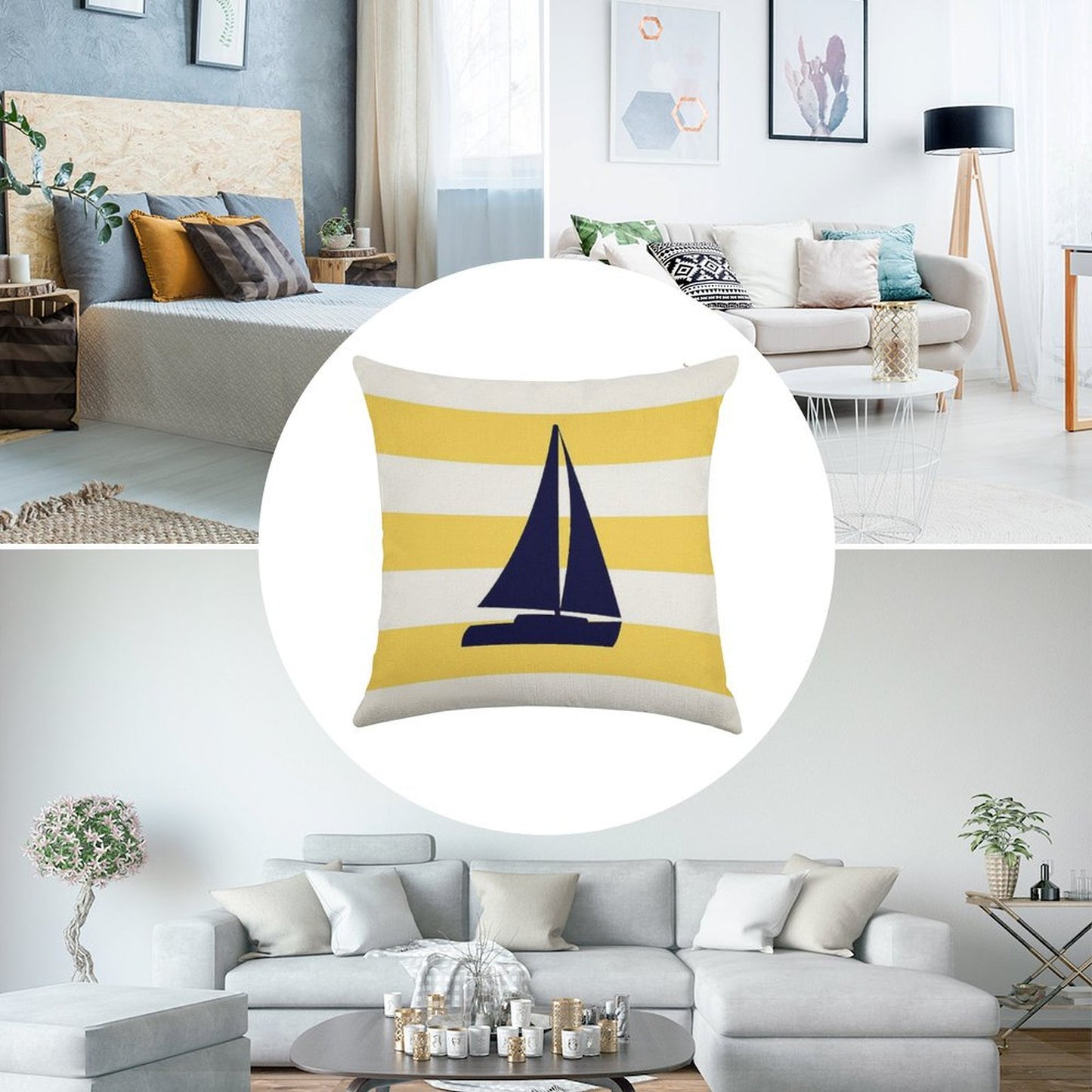 Nautical Navy Blue Sailboat On Mustard Yellow Stripes Linen Throw Pillow Cover