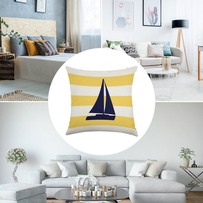 Nautical Navy Blue Sailboat On Mustard Yellow Stripes Linen Throw Pillow Cover